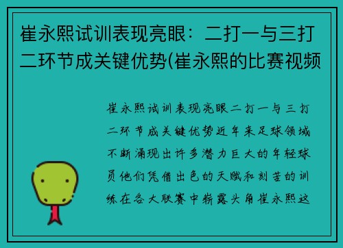 崔永熙试训表现亮眼：二打一与三打二环节成关键优势(崔永熙的比赛视频)